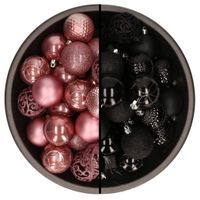 74x stuks kunststof kerstballen mix van velvet roze en zwart 6 cm - thumbnail