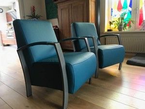 Set van 2 leren fauteuils met stalen frame - blauw leer - Echt leer, Industrieel, ontdek de vele Leersoorten en Kleuren bij ShopX