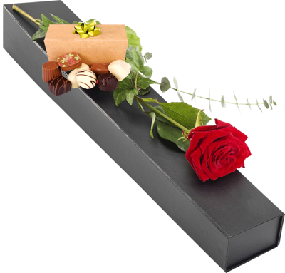Moederdag rode roos in luxe zwarte geschenkdoos + 150 gram handgemaakte bonbons Moederdag rode roos in luxe zwarte geschenkdoos + 150 gram handgemaakte bonbons