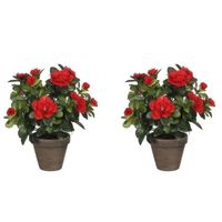 2x Groene Azalea kunstplanten rode bloemen 27 cm in pot