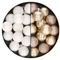 28x stuks kleine kunststof kerstballen wit en champagne 3 cm   -