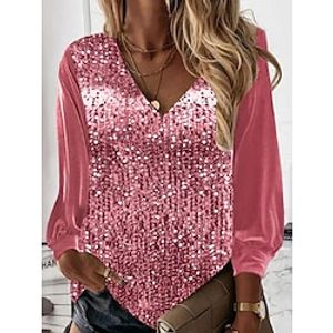 Dames Overhemd Blouse Sprankelend Pailletten Casual Basic Lange mouw V-hals Zilverachtig Lente Herfst Lightinthebox