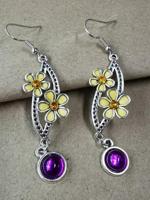 Vintage Stijl Geel Bloem Paars Steen Zilver oorbellen