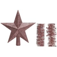 Kerstversiering kunststof glitter ster piek 19 cm en folieslingers pakket oud roze van 3x stuks - thumbnail