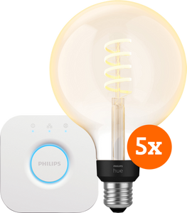 Philips Hue Filament White Ambiance Globe XL 5-Pack + Bridge