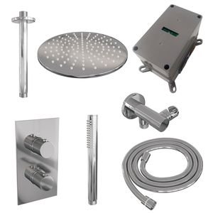 Regendoucheset Inbouw Brauer Chrome Carving Thermostatisch 30 cm met 3-Weg Omstelling, Plafondarm en Staaf Handdouche Geborsteld Chroom Brauer