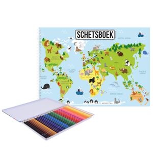 A4 aarde/wereldmap schetsboek/ tekenboek/ kleurboek/ schetsblok wit papier met 36x kleurpotloden