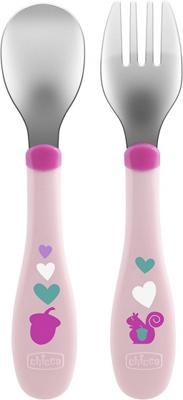 Chicco bestek Mijn Eerste Metalen Bestek 20 cm RVS roze 2-delig