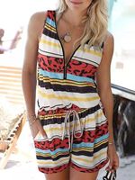 Vintage Leopard Striped Printed Pocket Drawstring Casual Romper