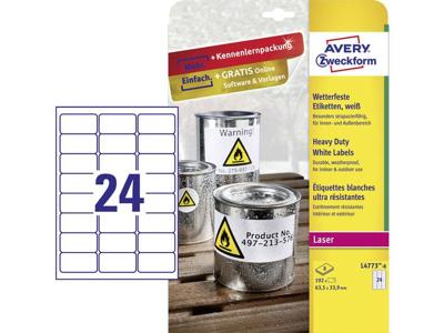 Avery-Zweckform L4773-8 Folie-etiketten 63.5 x 33.9 mm Polyester folie Wit 192 stuk(s) Permanent hechtend Laser (kleur), Laser (zwart/wit), Kopiëren (kleur), Avery-Zweckform L4773-8 Folie-etiketten 63.5 x 33.9 mm Polyester folie Wit 192 stuk(s) Permanent hechtend Laser (kleur), Laser (zwart/wit), Kopiëren (kleur),