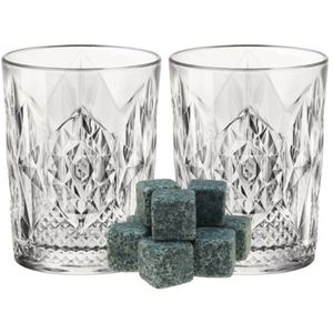 Luxe whiskyglazen set 6x stuks 390 ml met 9x whisky ijsblokstenen