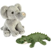 Safari dieren serie pluche knuffels 2x stuks - Olifant en Krokodil van 15 cm