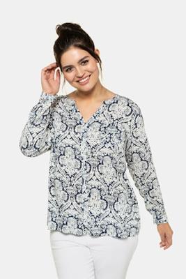 Ulla Popken Blouse, ornamentdessin, opstaande kraag, borstzakje - Grote Maten