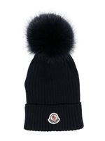 Moncler Enfant bonnet nervuré à patch logo - Bleu - thumbnail