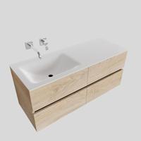 Badkamermeubel Hugo Hangend 120x50x45cm MDF Wood Washed Oak Solid Surface Wastafel Geen Kraangaten Links met 4 Lades