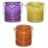 Citronella windlicht met kaars - 3x - paars/geel en oranje - 20 branduren - citrusgeur - thumbnail