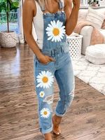 Denim Casual Daisy Floral Printed Overalls Jumpsuit Jumpsuit & Romper