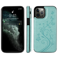 iPhone 15 hoesje - Backcover - Pasjeshouder - Portemonnee - Bloemenprint - Kunstleer - Turquoise