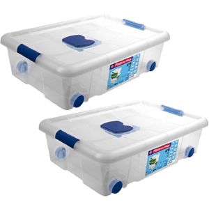 2x Opbergboxen/opbergdozen met deksel en wieltjes 31 liter kunststof transparant/blauw