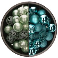 74x stuks kunststof kerstballen mix van mintgroen en turquoise blauw 6 cm