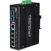 TRENDnet TI-UPG62 6-poorts geharde industriële Gigabit 10/100/1000 Mbps Ultra PoE DIN-rail Switch, UPoE, IP30, DIN-rail & houders voor wandmontage inbegrepen