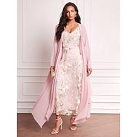 Dames Jurk Set Maxi-jurk Chiffon Geborduurd Afspraakje Vakantie Elegant V-hals Lange mouw Blozend Roze Kleur Lightinthebox