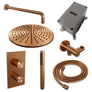 Regendoucheset Inbouw Brauer Copper Carving Thermostatisch 30 cm met 3-Weg Omstelling, Gebogen Wandarm en Staaf Handdouche Geborsteld Koper Brauer