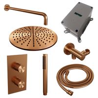 Regendoucheset Inbouw Brauer Copper Carving Thermostatisch 30 cm met 3-Weg Omstelling, Gebogen Wandarm en Staaf Handdouche Geborsteld Koper Brauer - thumbnail