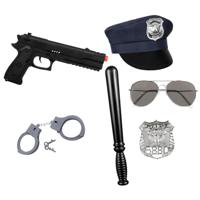 Carnaval verkleed set XL - politie agent - pet/knuppel/badge/pistool/zonnebril/handboeien - thumbnail