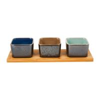 Tapas plank met 3 bakjes - bamboe/keramiek