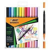 BIC Intensity Dual Tip, marker met dubbele punt, fijne punt (0,7 mm) en flexibele penseelpunt, gesorteerde originele en pastelkleuren, 12 stuks