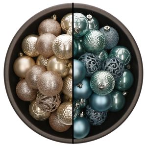 74x stuks kunststof kerstballen mix van champagne en ijsblauw 6 cm