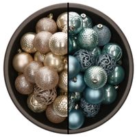 74x stuks kunststof kerstballen mix van champagne en ijsblauw 6 cm