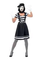 Lady Mime Artist Costume, Black, Dress, Collar, Beret, Gloves, Tights & Make-Up, (M)