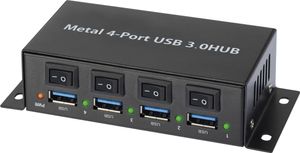 Renkforce RF-3955362 USB 3.2 Gen 1-hub 4 poorten Met metalen behuizing, Individueel schakelbaar, Voor wandmontage Zwart