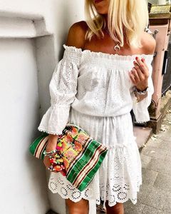 Ruffled 3/4 Sleeve Off Shoulder Weaving Dress