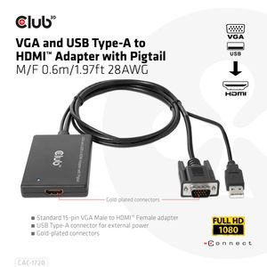 club3D CAC-1720 HDMI / USB / VGA Adapter [2x VGA-stekker, USB-stekker - 1x HDMI-bus] Zwart Met USB, Schroefbaar, Vergulde steekcontacten 0.6 m