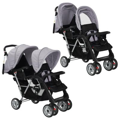 Dubbele kinderwagen staal grijs en zwart Dubbele kinderwagen staal grijs en zwart