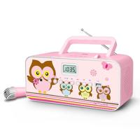Muse M-29KP CD-radio voor kinderen met microfoon en Sing-A-Long karaoke functie (CD / MP3, USB, AUX-In, LCD-display, telescopische antenne), roze met uilmotief