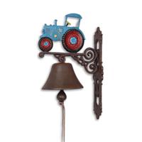 A PAIR OF CAST IRON RED AND BLUE TRACTOR BELLS