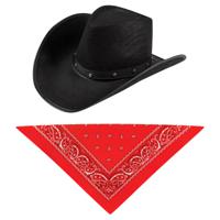 Carnaval verkleedset cowboyhoed El Paso - zwart - met rode hals zakdoek - voor volwassenen