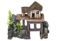 Nobby Houten huis met planten, aquariumornamenten, 15,5 x 8 x 12 cm