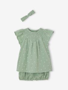 Babyset van katoengaas: jurk + bloomer + haarband saliegroen