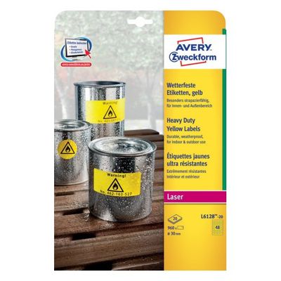 Avery-Zweckform L6128-20 Folie-etiketten Ø 30 mm Polyester folie Geel 960 stuk(s) Permanent hechtend Laser (kleur), Laser (zwart/wit), Kopiëren (kleur),