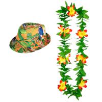 Hawaii thema party verkleedset - Hoedje Tropical print - bloemenkrans groen/geel - Tropical toppers - thumbnail