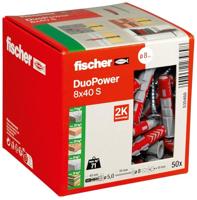 fischer DUOPOWER 8 x 40 S, universele en professionele kunststof pluggen in kartonnen doos voor bevestigingen in beton, baksteen, steen, gipsplaat, sterke 2 componenten plug met schroef, 100 stuks