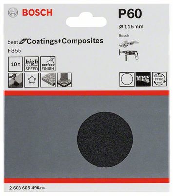 Bosch Accessories 2608605496 Schuurpapier voor schuurschijf Met klittenband, Ongeperforeerd Korrelgrootte (num) 60 (Ø) 115 mm 10 stuk(s)