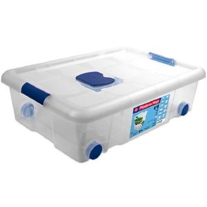 1x Opbergboxen/opbergdozen met deksel en wieltjes 31 liter kunststof transparant/blauw   -