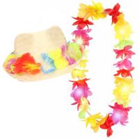 Carnaval verkleed set - Tropische Hawaii party - bloemen band strohoedje - en LED bloemenkrans - thumbnail