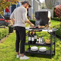 Grilltafel met 3 Planken Grillwagen met Verstelbare Plank Kruidenrek Handdoekenrek Tissuerek Platte Roestvrijstalen Tafel op Wielen - thumbnail